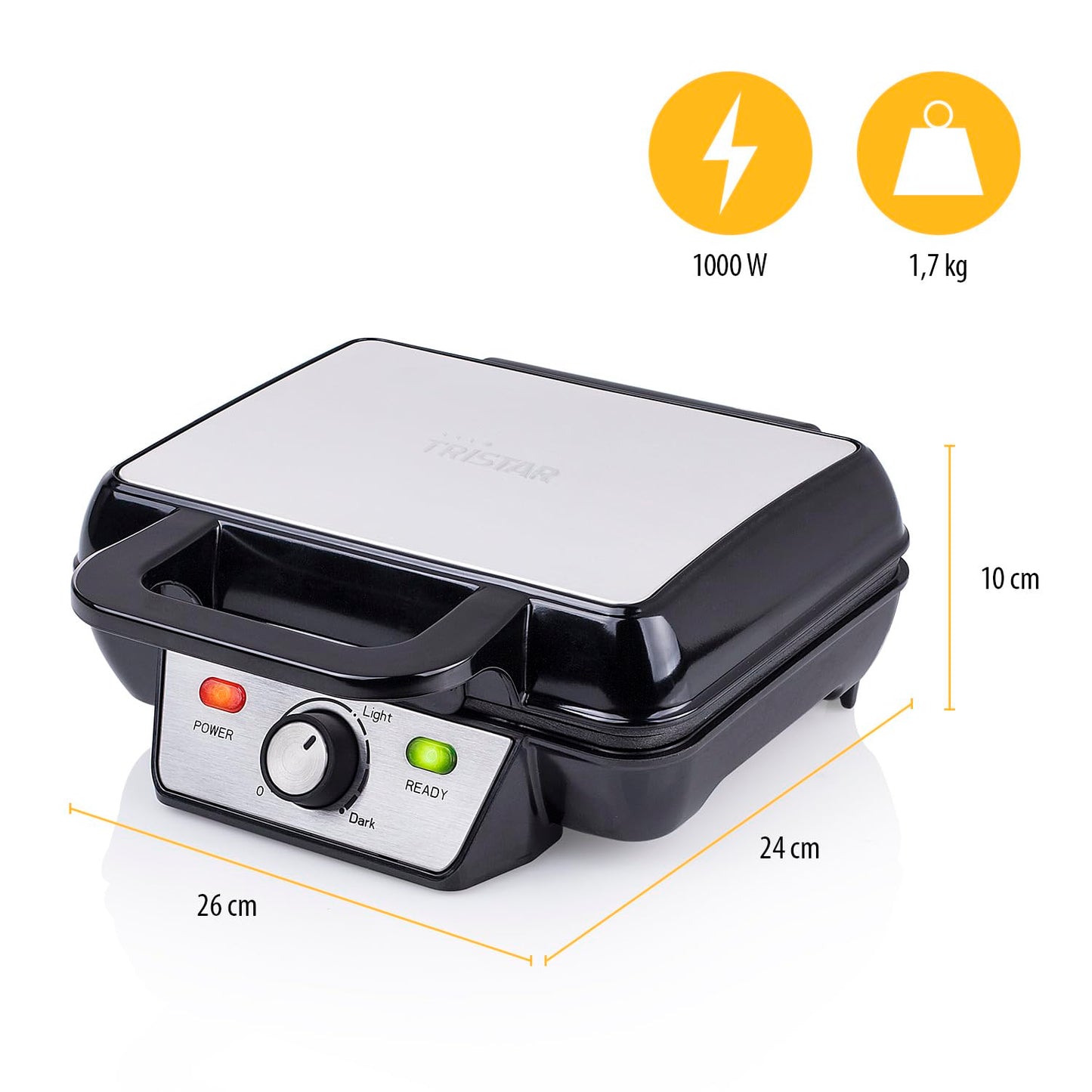 Tristar gaufrier Noir, Acier Inoxydable - 2 gaufres - 1 000 W - WF-2195