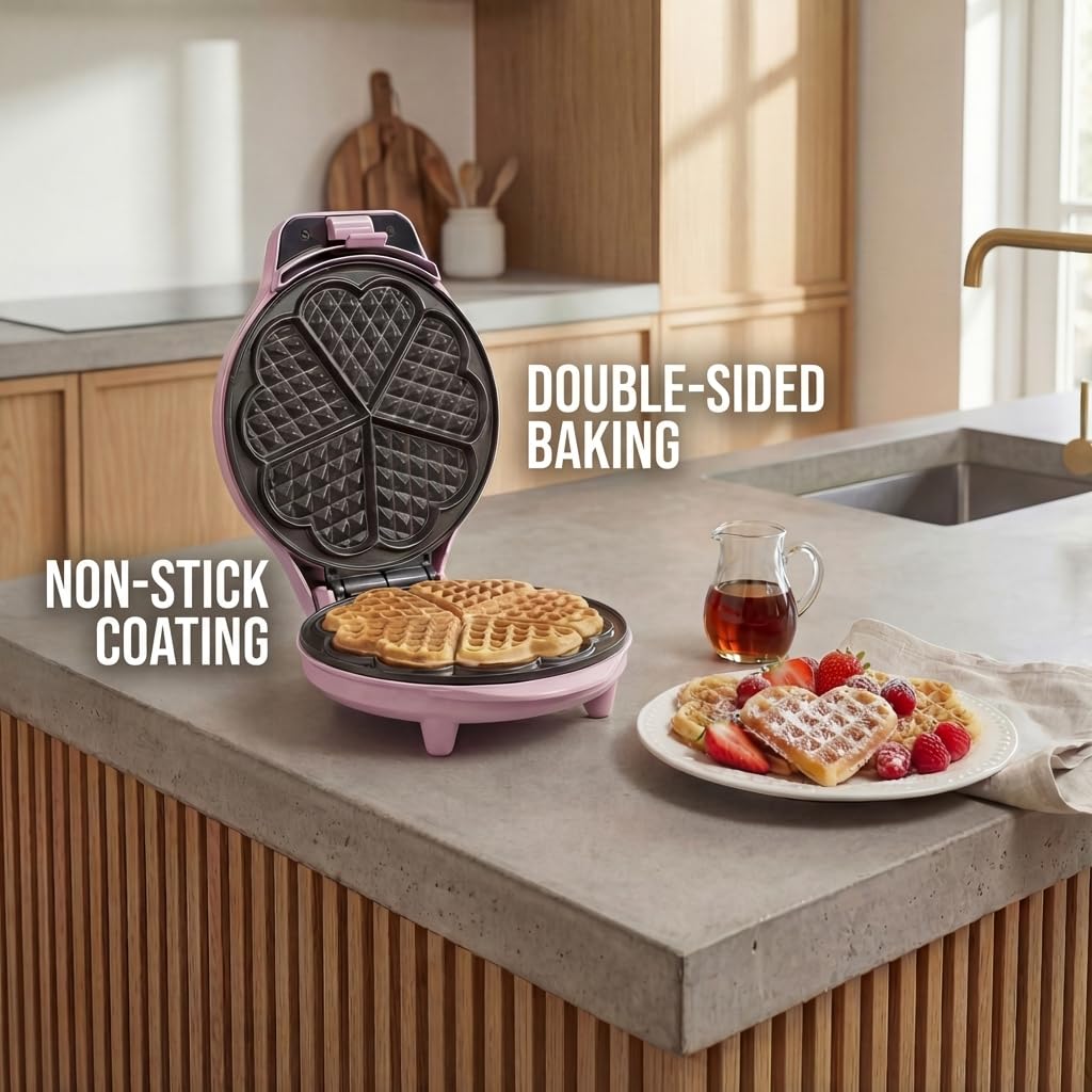 Bestron Gaufrier pour Gaufres Classiques en Forme de Cœur, Gaufrier avec Revêtement Anti-Adhésif pour Gaufres en Forme de Cœur, Design Rétro, 700 Watts, Couleur: Rose