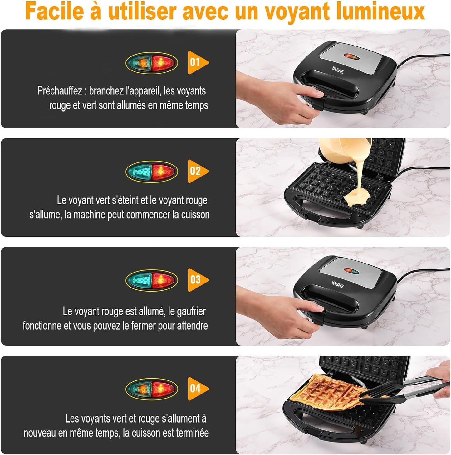 YASHE Appareil à gaufre, 750W Gaufrier Electrique, Machine a Gaufre pour 2 Gaufres, Plaques Antiadhésives, Température Automatique, Lumière De Cuisson