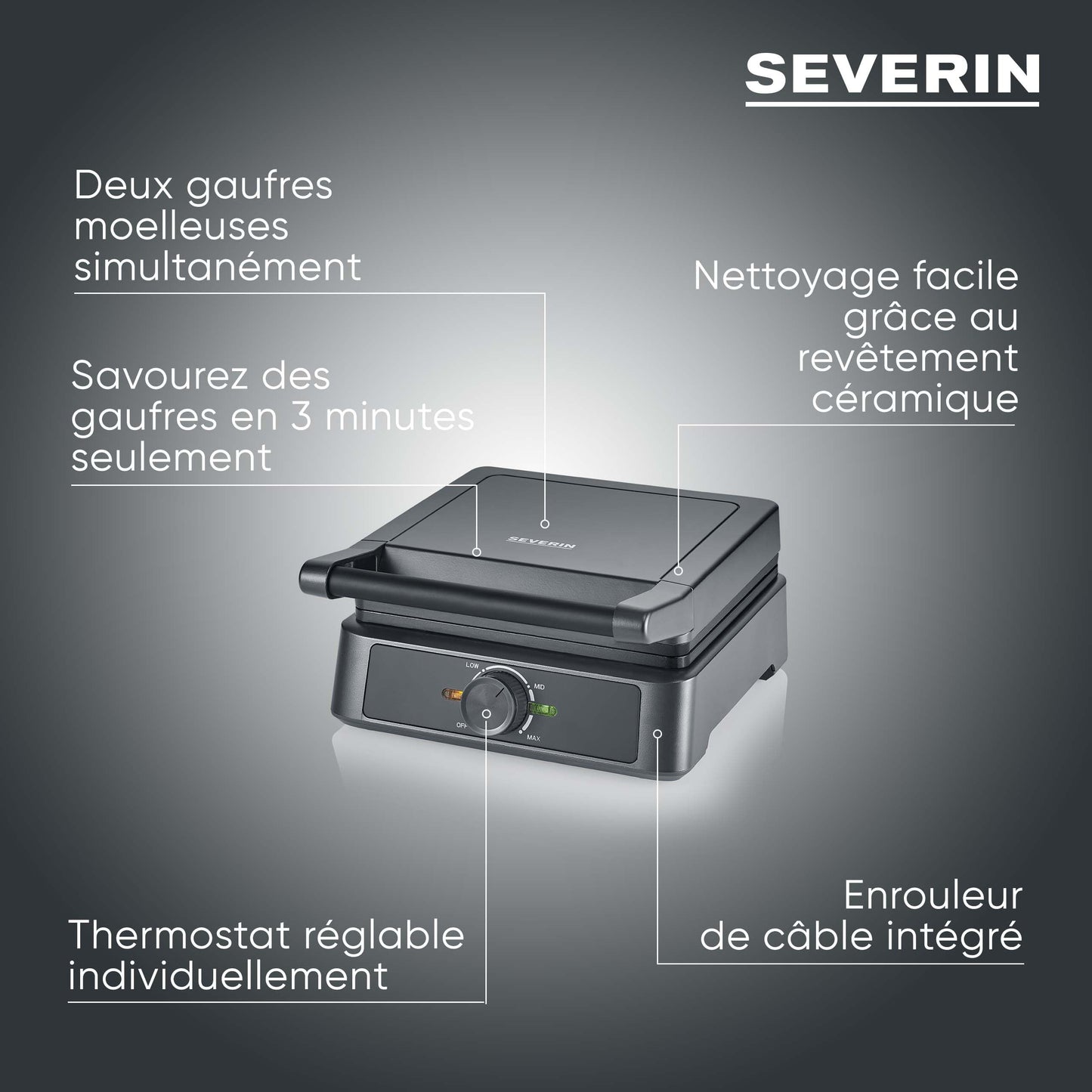 SEVERIN Gaufrier 1 600 W, Appareil à gaufres au revêtement antiadhésif pour gaufres belges moelleuses et croustillantes, Machine à gaufre sans PFAS au design compact, Noir, WA 2130