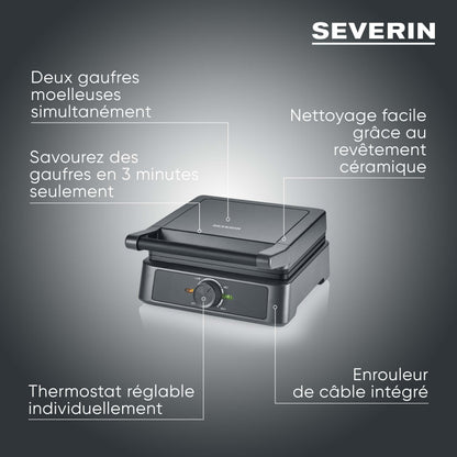 SEVERIN Gaufrier 1 600 W, Appareil à gaufres au revêtement antiadhésif pour gaufres belges moelleuses et croustillantes, Machine à gaufre sans PFAS au design compact, Noir, WA 2130