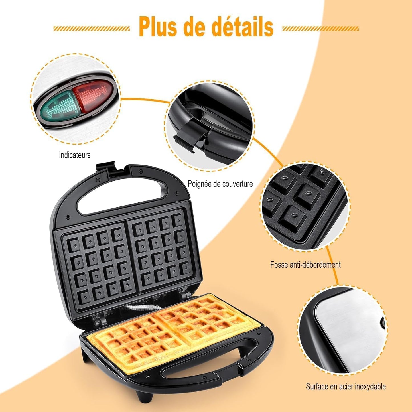 YASHE Appareil à gaufre, 750W Gaufrier Electrique, Machine a Gaufre pour 2 Gaufres, Plaques Antiadhésives, Température Automatique, Lumière De Cuisson