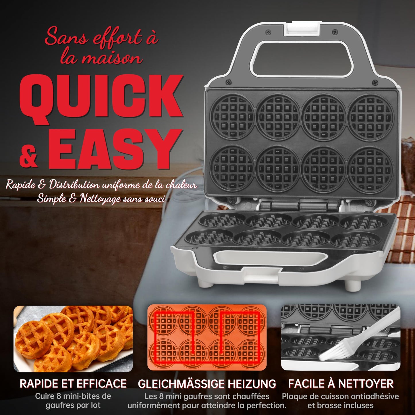 SugarWhisk Mini Waffle Maker, fer à gaufres pour enfants, fait des petites gaufres de 8 x 5cm, petit gaufrier, compact et facile à utiliser, surface antiadhésive, recette incluse, blanc