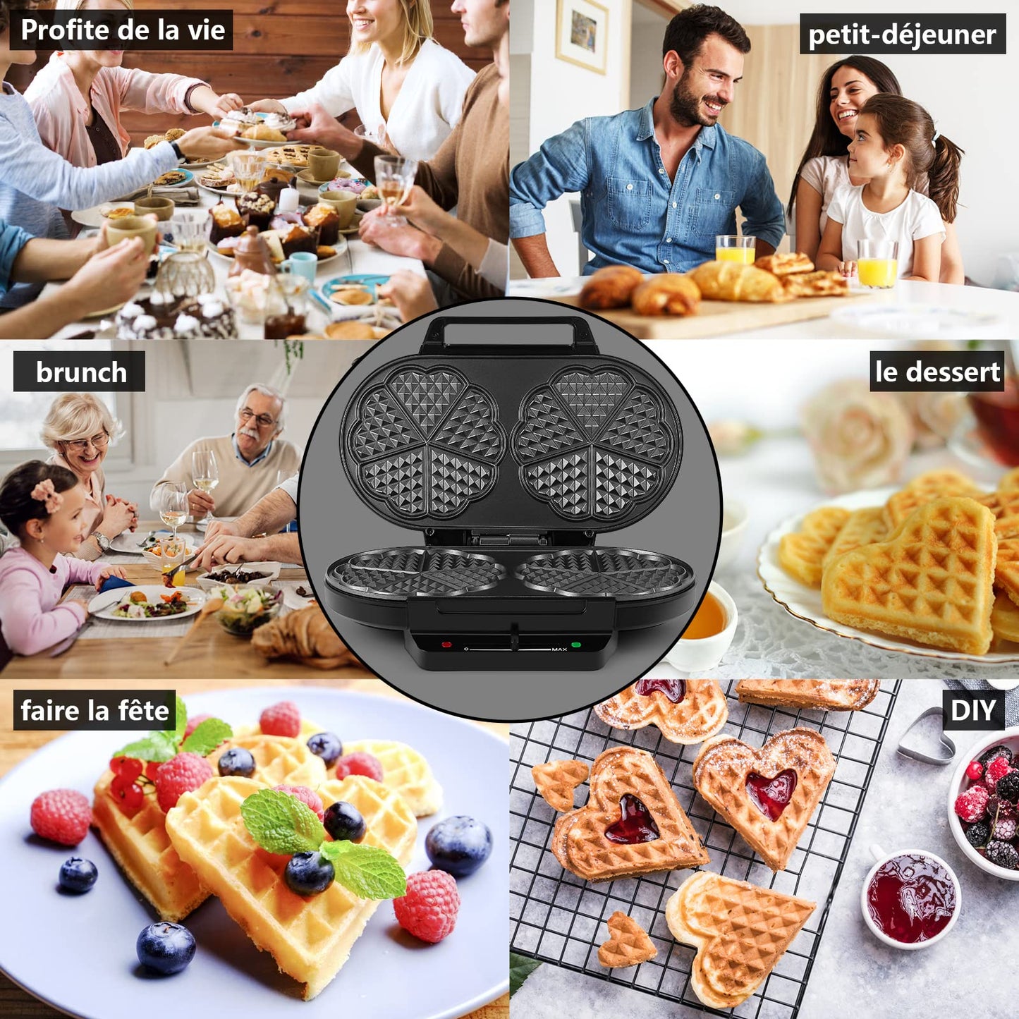 YASHE Machine À Gauffre Coeur, 10 Gaufres Classiques En Forme De Cœur Avec Revêtement Antiadhésif, 5 Réglages De Température Ajustables, Voyants Lumineux, Anti-Débordement, 1200W, Argent/Noir