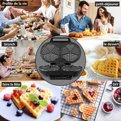 YASHE Machine À Gauffre Coeur, 10 Gaufres Classiques En Forme De Cœur Avec Revêtement Antiadhésif, 5 Réglages De Température Ajustables, Voyants Lumineux, Anti-Débordement, 1200W, Argent/Noir