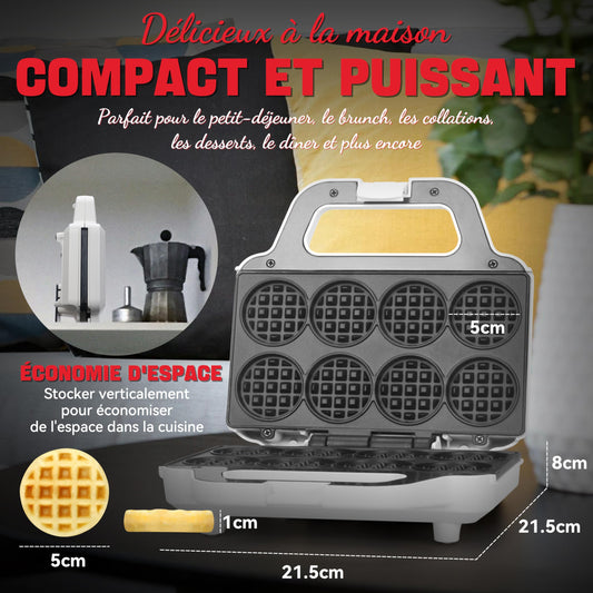 SugarWhisk Mini Waffle Maker, fer à gaufres pour enfants, fait des petites gaufres de 8 x 5cm, petit gaufrier, compact et facile à utiliser, surface antiadhésive, recette incluse, blanc