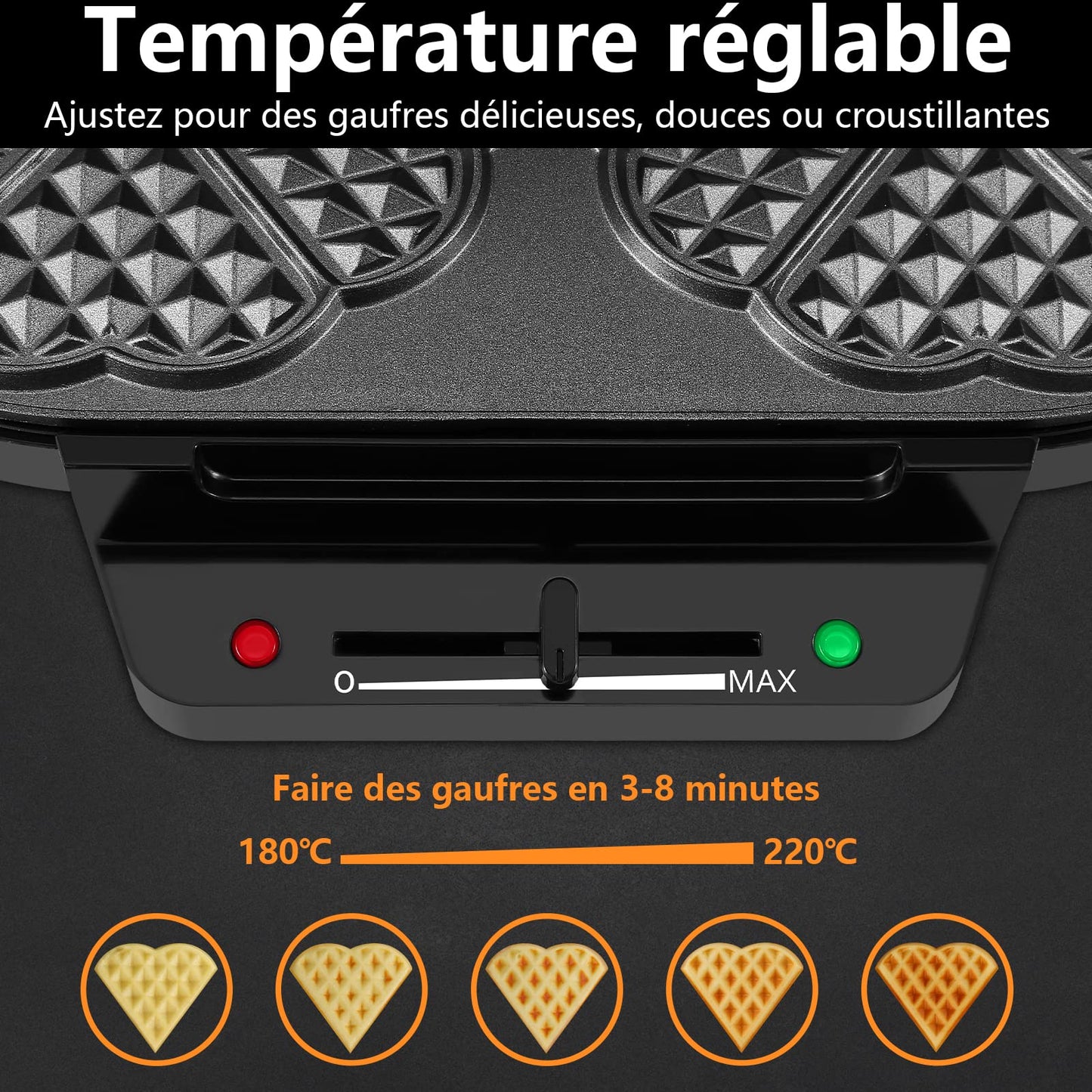 YASHE Machine À Gauffre Coeur, 10 Gaufres Classiques En Forme De Cœur Avec Revêtement Antiadhésif, 5 Réglages De Température Ajustables, Voyants Lumineux, Anti-Débordement, 1200W, Argent/Noir