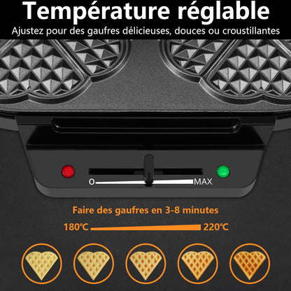 YASHE Machine À Gauffre Coeur, 10 Gaufres Classiques En Forme De Cœur Avec Revêtement Antiadhésif, 5 Réglages De Température Ajustables, Voyants Lumineux, Anti-Débordement, 1200W, Argent/Noir