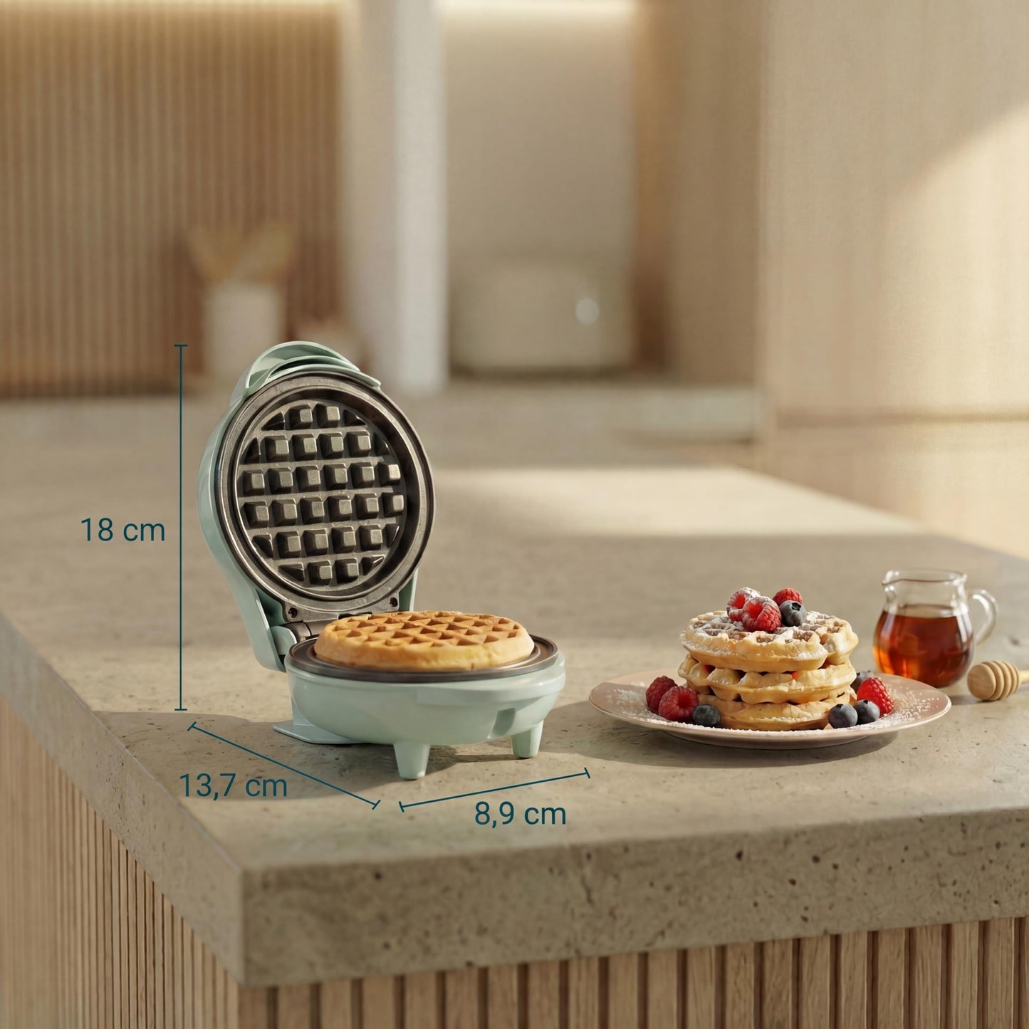 Bestron Mini gaufrier pour gaufres classiques, Petit gaufrier avec revêtement anti-adhésif, pour les anniversaires d'enfants, les fêtes de famille, Pâques ou Noël, Design: rétro, Couleur: menthe