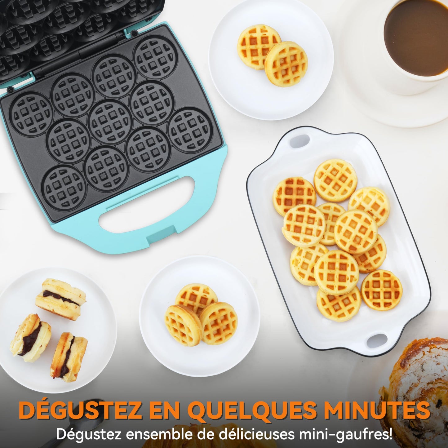 Baker's Friend Mini gaufrier rond - 11 x 5,5 cm - Petit choix pour petit déjeuner, brunch, fêtes pour événements, aqua, prise UE