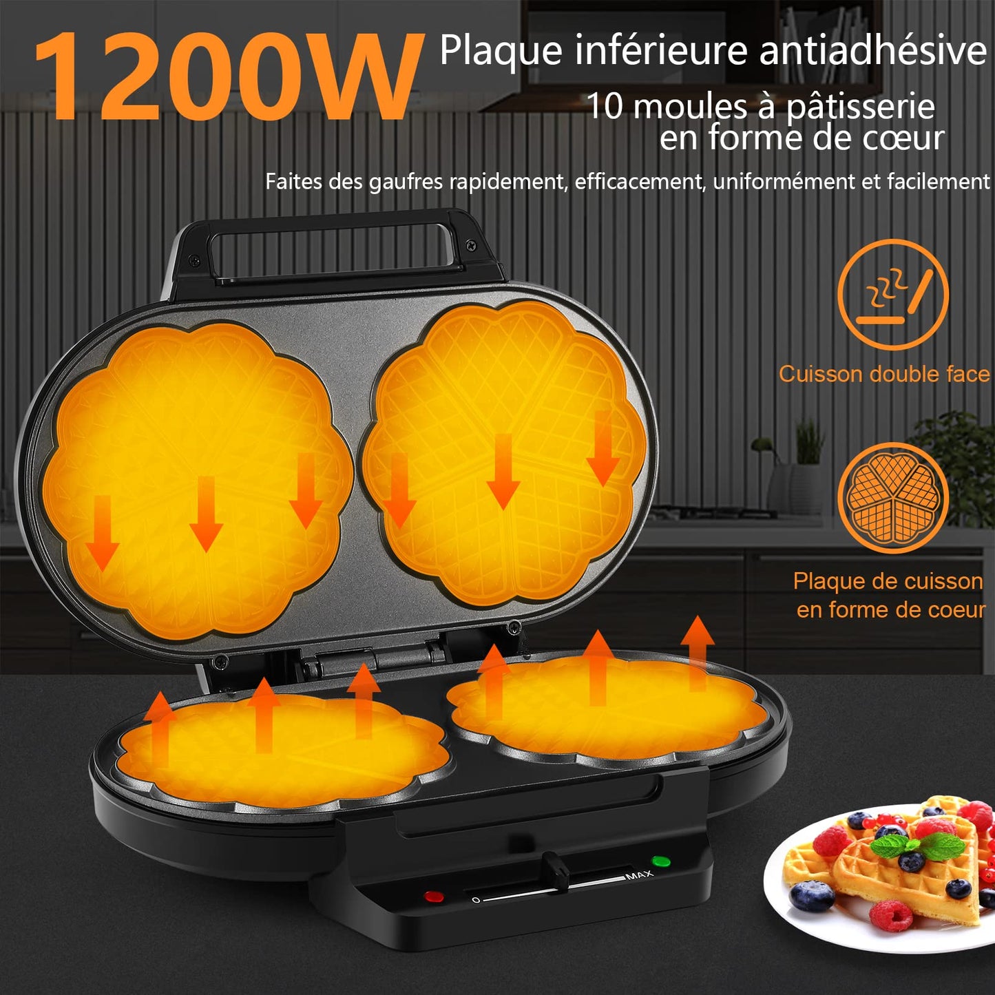 YASHE Machine À Gauffre Coeur, 10 Gaufres Classiques En Forme De Cœur Avec Revêtement Antiadhésif, 5 Réglages De Température Ajustables, Voyants Lumineux, Anti-Débordement, 1200W, Argent/Noir