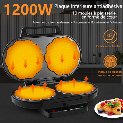 YASHE Machine À Gauffre Coeur, 10 Gaufres Classiques En Forme De Cœur Avec Revêtement Antiadhésif, 5 Réglages De Température Ajustables, Voyants Lumineux, Anti-Débordement, 1200W, Argent/Noir