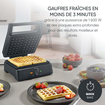 SEVERIN Gaufrier 1 600 W, Appareil à gaufres au revêtement antiadhésif pour gaufres belges moelleuses et croustillantes, Machine à gaufre sans PFAS au design compact, Noir, WA 2130